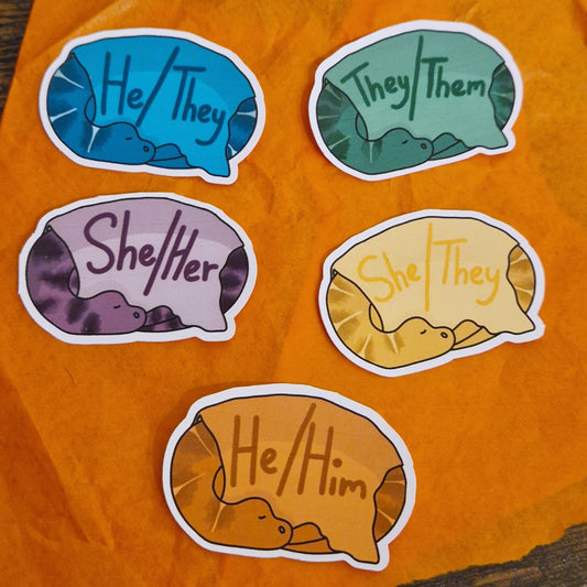 Dinosaur Pronoun Stickers, He/They, He/Him, She/Her, She/They, They/Them, Ask me About my Pronouns