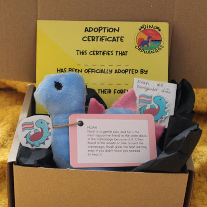 LGBTQ+ Dinosaur Plushie Bundle - Customisable gift bundle including Plushie, Adoption Certificate, Matching Pin and Sticker